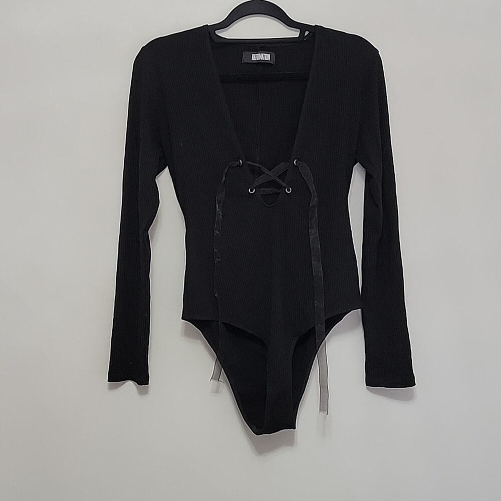 Reformation Dominick Black Lace Up Bodysuit Ribbed Long Sleeve Plunging Large